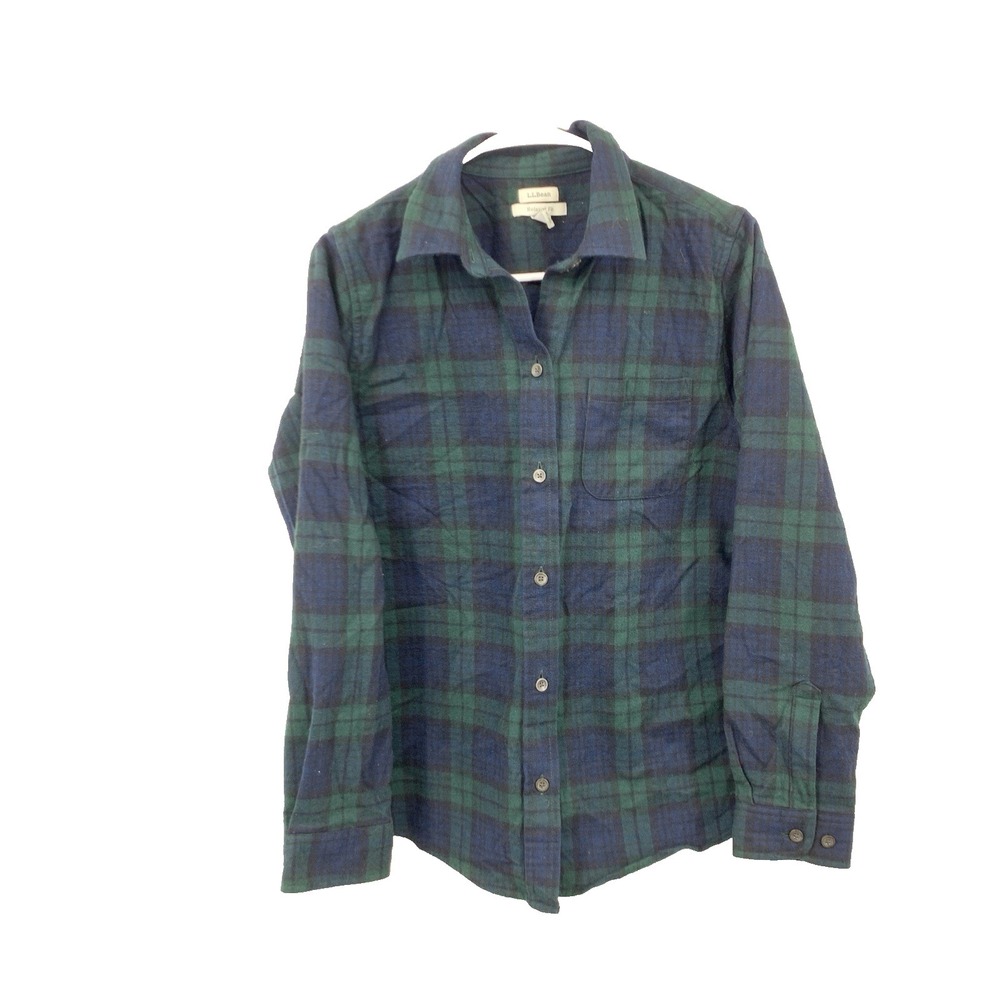 LL Bean Women Size Medium Shirt Button Down Top Flannel Blue Green Scotch Plaid